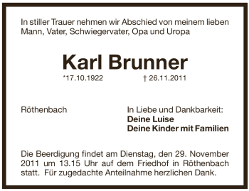 Traueranzeige von Karl Brunner von Pegnitz-Zeitung